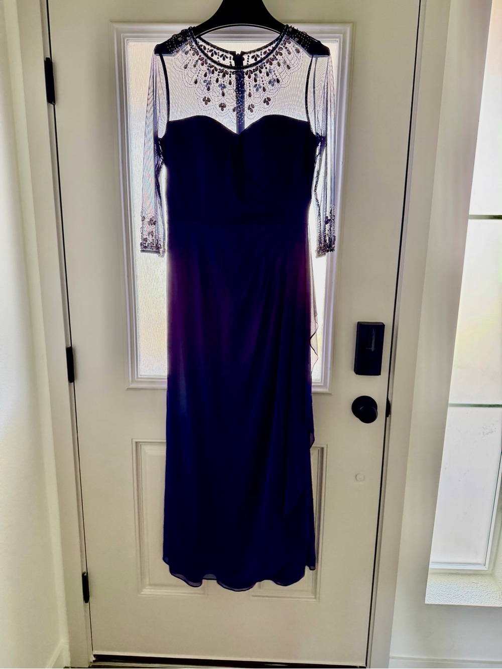 Elegant Beaded Navy Evening Dress with Sheer Embellished Yoke
